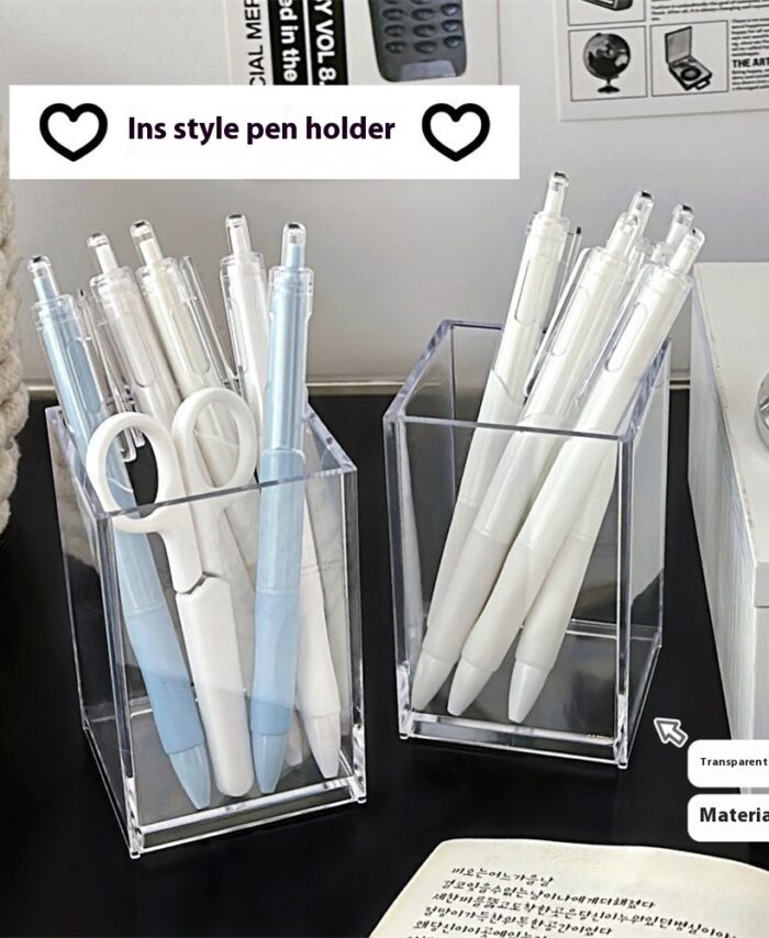 Transparent Acrylic Pen Holder Office Desk Surface Panel Stationery Student Makeup Brush Storage Bucket