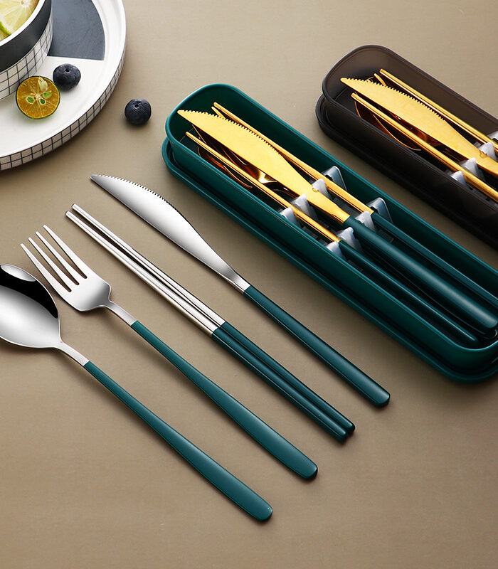 304 Dinnerware Set Flatware Kitchen Accessories Camping Travel Sets Gold Knife Fork Spoon Portable Cutlery Sets With Case